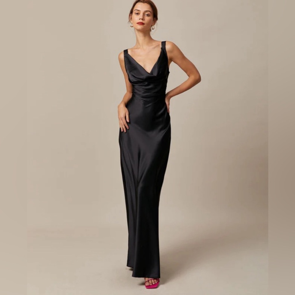 NWT Black Cowl Neck Sheath Satin Maxi Dress